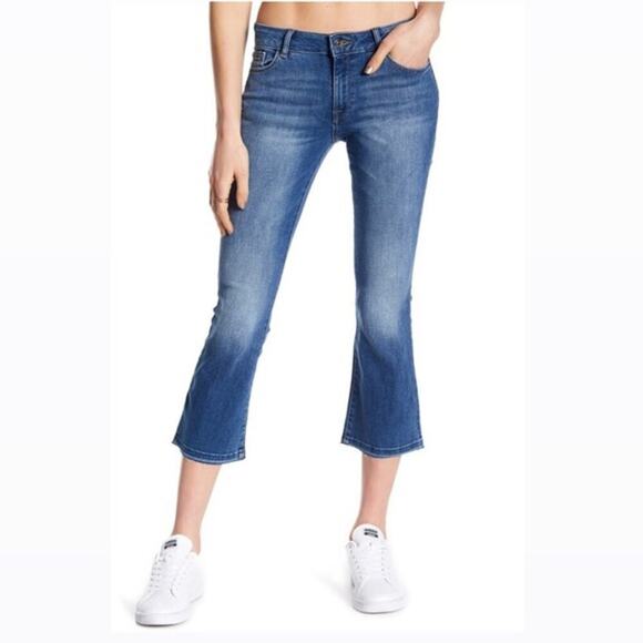 DL1961 Lara Cropped Flare Leg Jeans Women 26 Crown Wash Stretch Raw Hem Mid Rise - Picture 1 of 7
